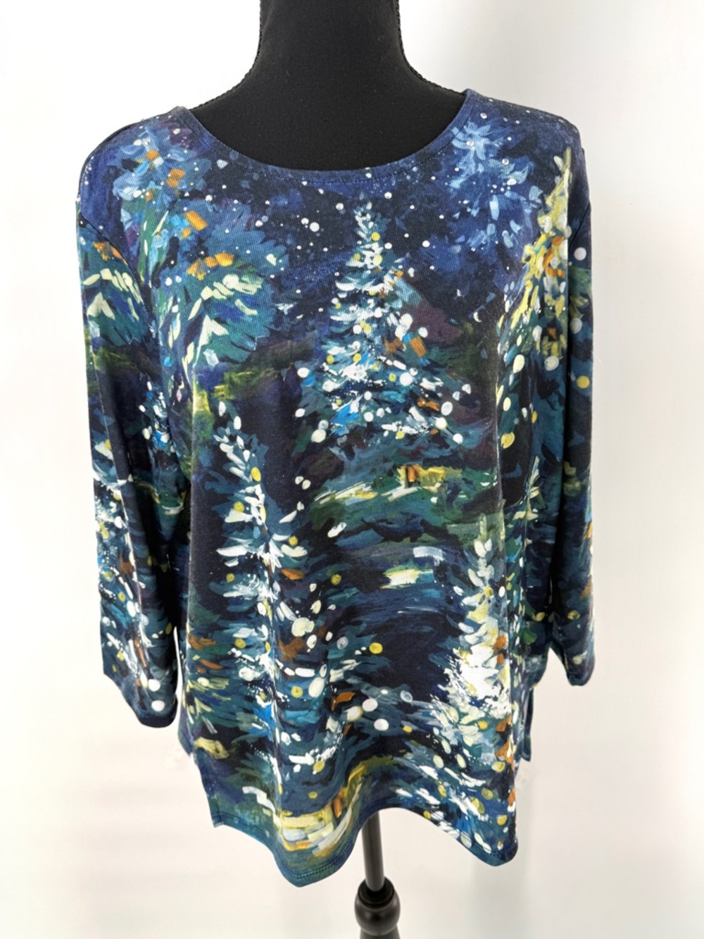 Alfred Dunner Women's Petite Starry Night Tree Top Navy/Green Size Petite Large - Picture 13 of 14
